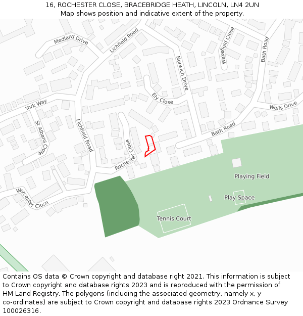 16, ROCHESTER CLOSE, BRACEBRIDGE HEATH, LINCOLN, LN4 2UN: Location map and indicative extent of plot