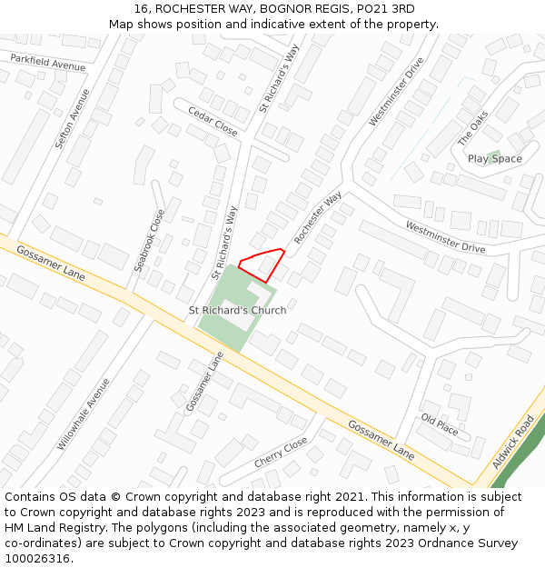 16, ROCHESTER WAY, BOGNOR REGIS, PO21 3RD: Location map and indicative extent of plot