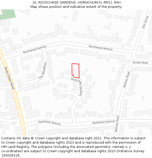 16, ROCKCHASE GARDENS, HORNCHURCH, RM11 3NH: Location map and indicative extent of plot