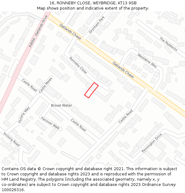 16, RONNEBY CLOSE, WEYBRIDGE, KT13 9SB: Location map and indicative extent of plot