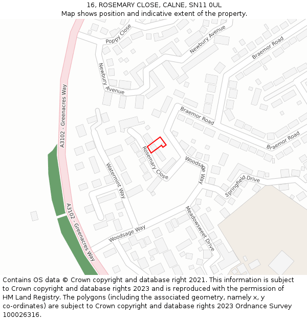 16, ROSEMARY CLOSE, CALNE, SN11 0UL: Location map and indicative extent of plot