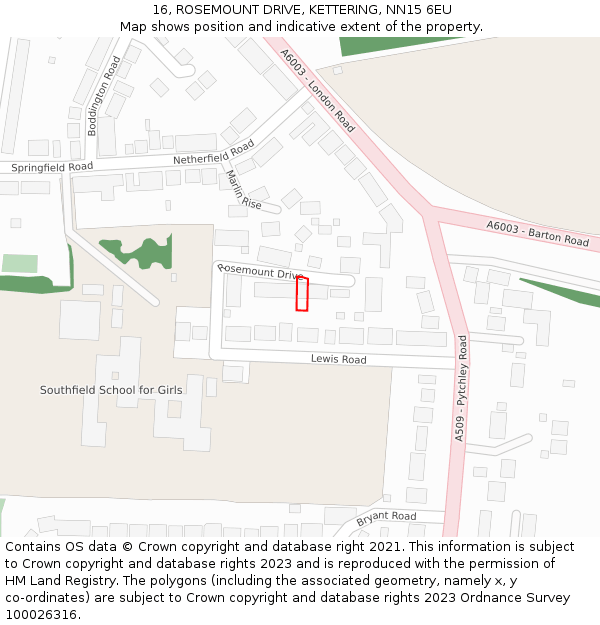 16, ROSEMOUNT DRIVE, KETTERING, NN15 6EU: Location map and indicative extent of plot