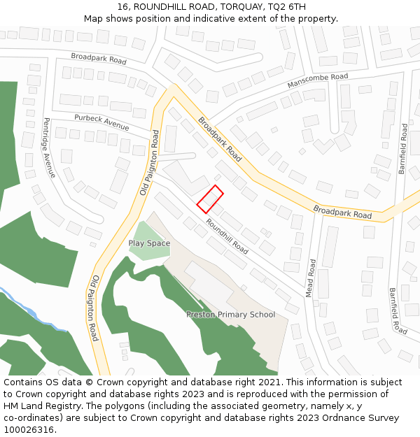 16, ROUNDHILL ROAD, TORQUAY, TQ2 6TH: Location map and indicative extent of plot