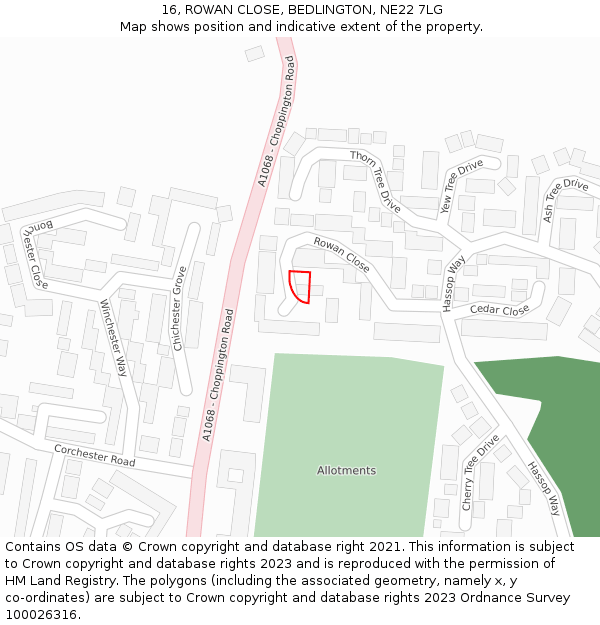 16, ROWAN CLOSE, BEDLINGTON, NE22 7LG: Location map and indicative extent of plot