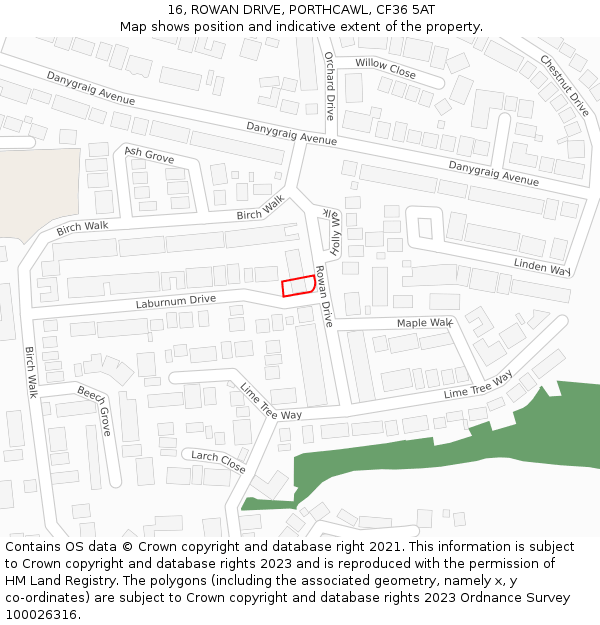 16, ROWAN DRIVE, PORTHCAWL, CF36 5AT: Location map and indicative extent of plot