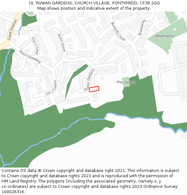 16, ROWAN GARDENS, CHURCH VILLAGE, PONTYPRIDD, CF38 2GG: Location map and indicative extent of plot
