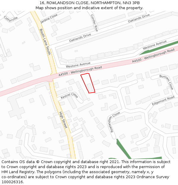 16, ROWLANDSON CLOSE, NORTHAMPTON, NN3 3PB: Location map and indicative extent of plot