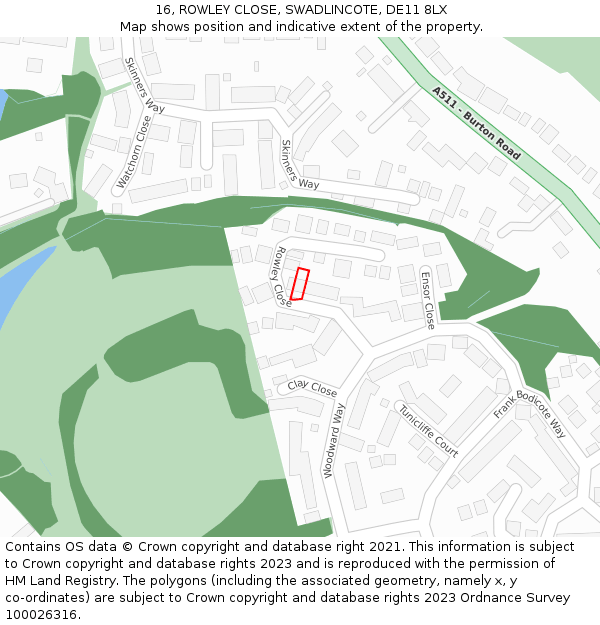 16, ROWLEY CLOSE, SWADLINCOTE, DE11 8LX: Location map and indicative extent of plot