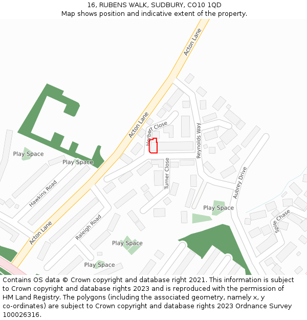 16, RUBENS WALK, SUDBURY, CO10 1QD: Location map and indicative extent of plot