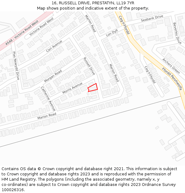 16, RUSSELL DRIVE, PRESTATYN, LL19 7YR: Location map and indicative extent of plot