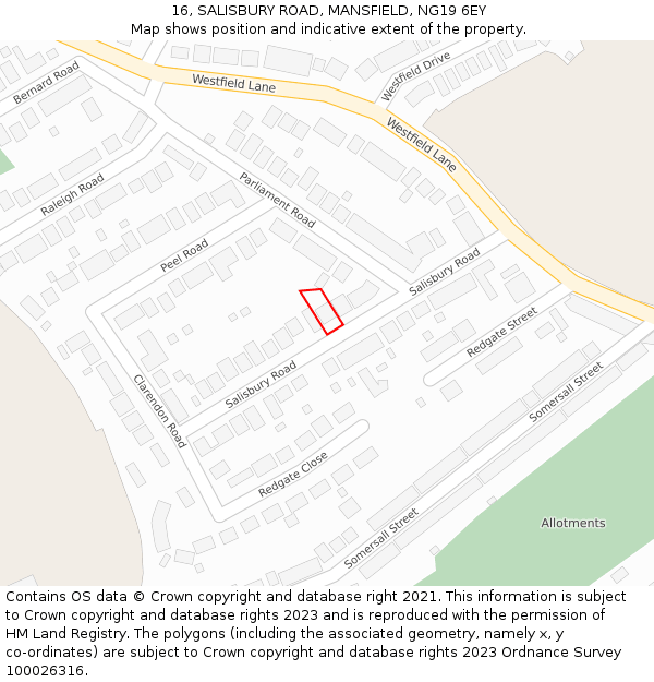 16, SALISBURY ROAD, MANSFIELD, NG19 6EY: Location map and indicative extent of plot