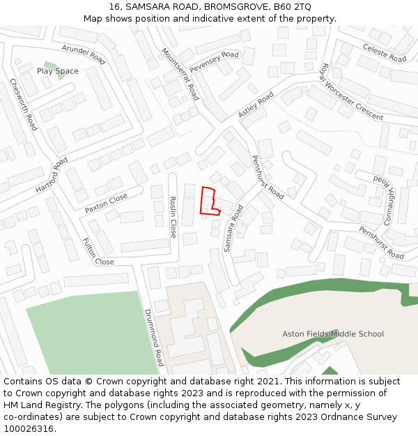 16, SAMSARA ROAD, BROMSGROVE, B60 2TQ: Location map and indicative extent of plot