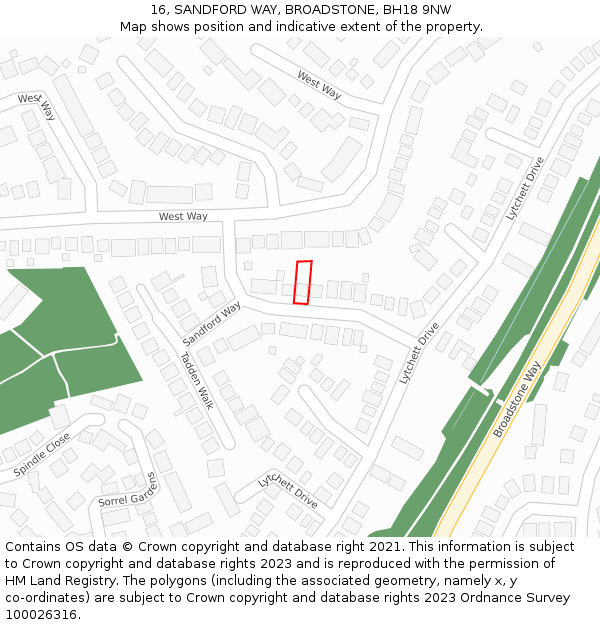 16, SANDFORD WAY, BROADSTONE, BH18 9NW: Location map and indicative extent of plot