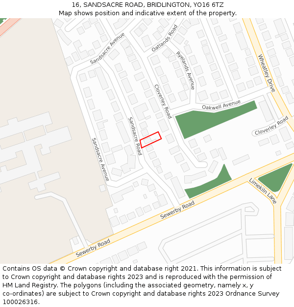 16, SANDSACRE ROAD, BRIDLINGTON, YO16 6TZ: Location map and indicative extent of plot