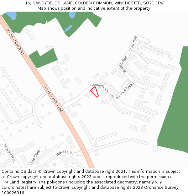 16, SANDYFIELDS LANE, COLDEN COMMON, WINCHESTER, SO21 1FW: Location map and indicative extent of plot