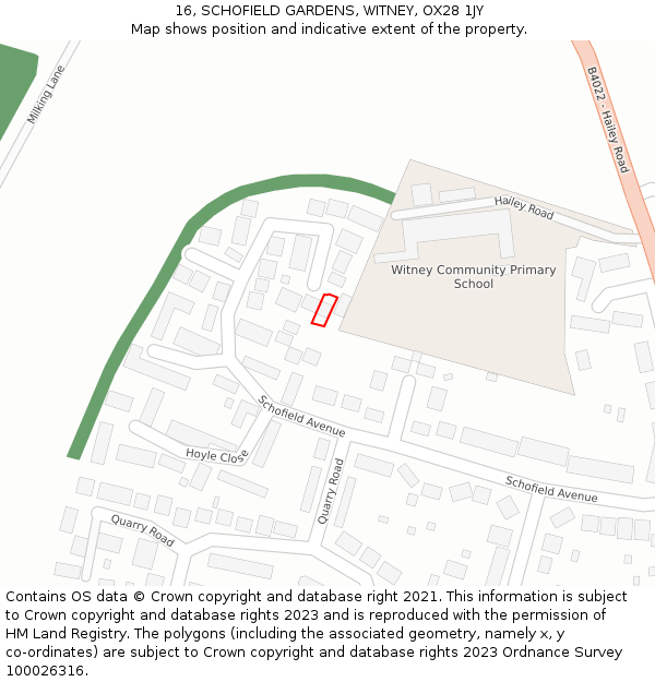 16, SCHOFIELD GARDENS, WITNEY, OX28 1JY: Location map and indicative extent of plot