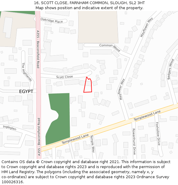 16, SCOTT CLOSE, FARNHAM COMMON, SLOUGH, SL2 3HT: Location map and indicative extent of plot