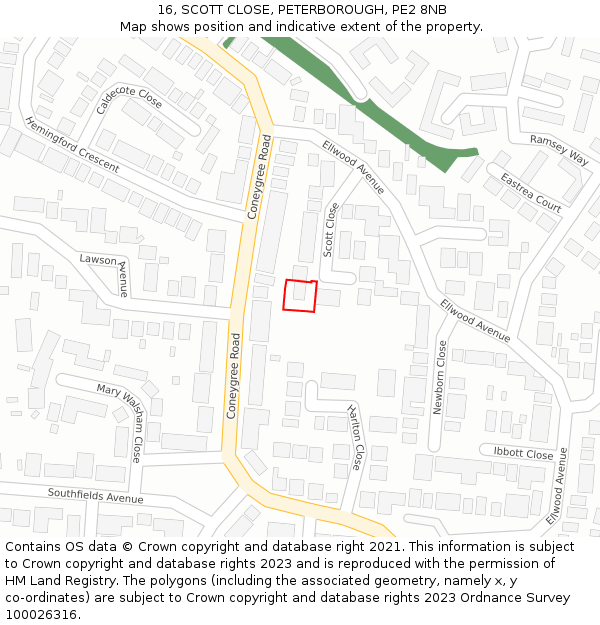 16, SCOTT CLOSE, PETERBOROUGH, PE2 8NB: Location map and indicative extent of plot