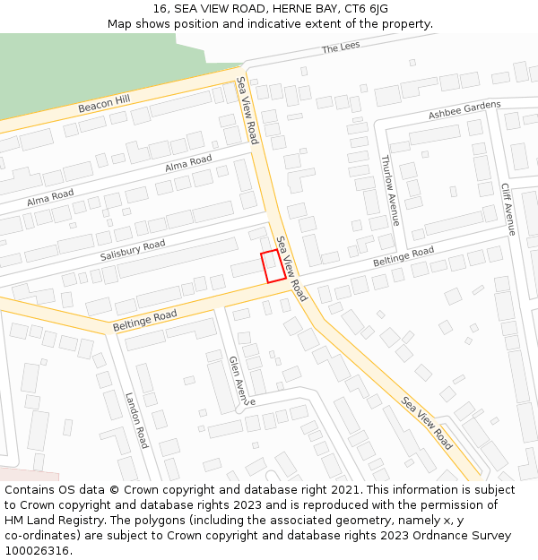 16, SEA VIEW ROAD, HERNE BAY, CT6 6JG: Location map and indicative extent of plot