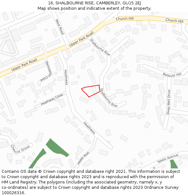 16, SHALBOURNE RISE, CAMBERLEY, GU15 2EJ: Location map and indicative extent of plot