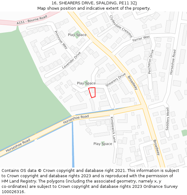 16, SHEARERS DRIVE, SPALDING, PE11 3ZJ: Location map and indicative extent of plot