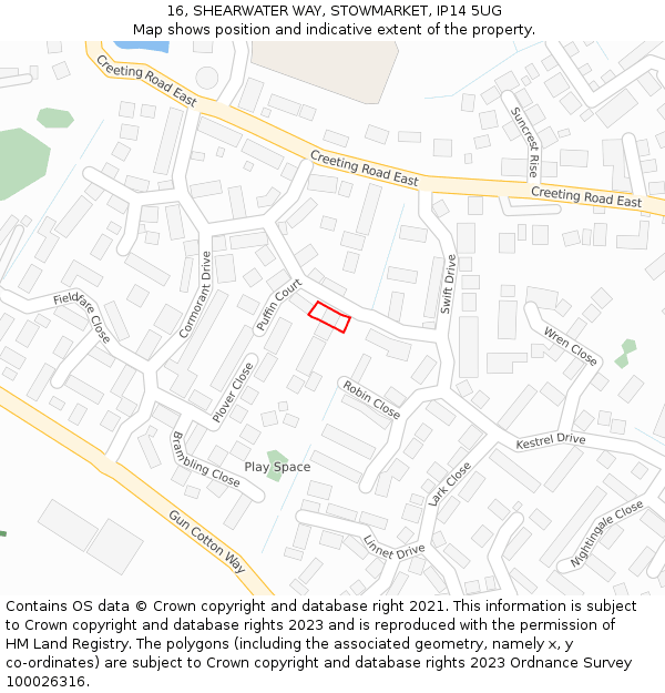 16, SHEARWATER WAY, STOWMARKET, IP14 5UG: Location map and indicative extent of plot