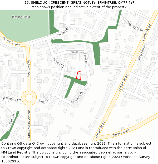 16, SHELDUCK CRESCENT, GREAT NOTLEY, BRAINTREE, CM77 7YF: Location map and indicative extent of plot