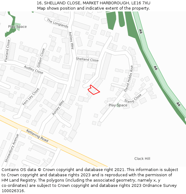 16, SHELLAND CLOSE, MARKET HARBOROUGH, LE16 7XU: Location map and indicative extent of plot