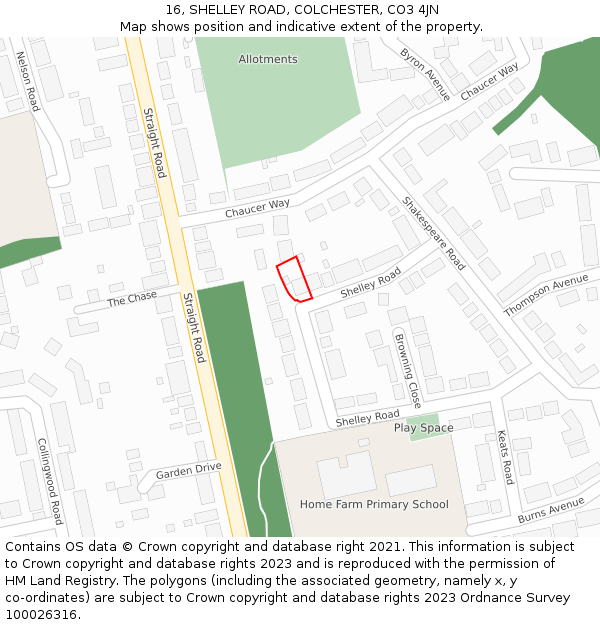 16, SHELLEY ROAD, COLCHESTER, CO3 4JN: Location map and indicative extent of plot