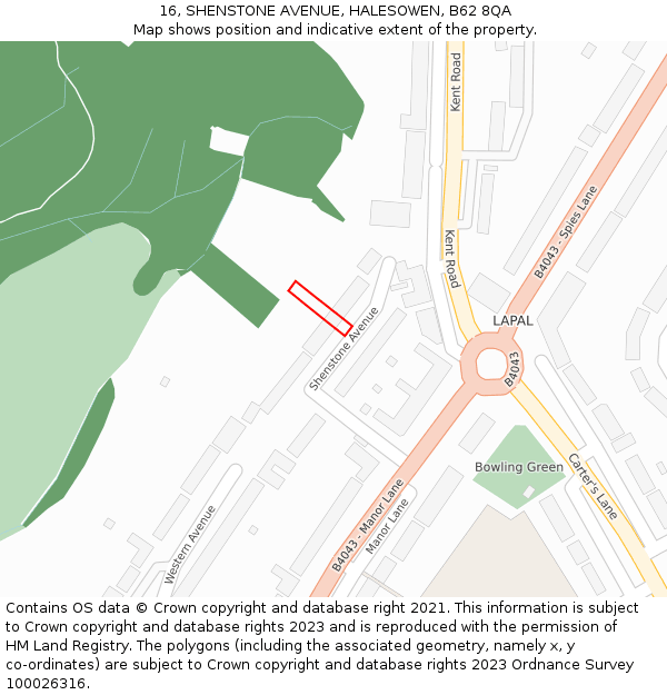 16, SHENSTONE AVENUE, HALESOWEN, B62 8QA: Location map and indicative extent of plot