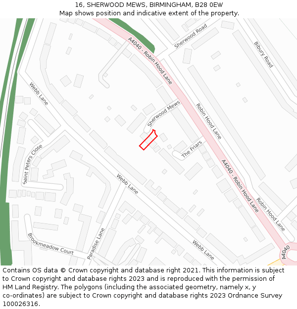 16, SHERWOOD MEWS, BIRMINGHAM, B28 0EW: Location map and indicative extent of plot