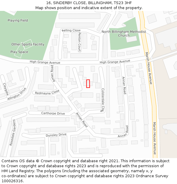 16, SINDERBY CLOSE, BILLINGHAM, TS23 3HF: Location map and indicative extent of plot