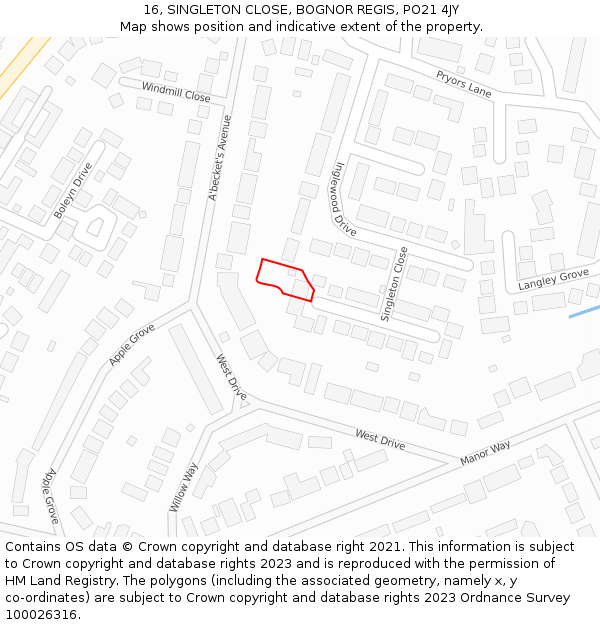 16, SINGLETON CLOSE, BOGNOR REGIS, PO21 4JY: Location map and indicative extent of plot