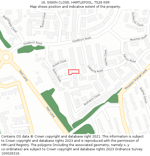 16, SISKIN CLOSE, HARTLEPOOL, TS26 0SR: Location map and indicative extent of plot