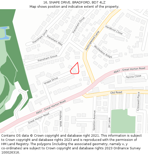 16, SNAPE DRIVE, BRADFORD, BD7 4LZ: Location map and indicative extent of plot