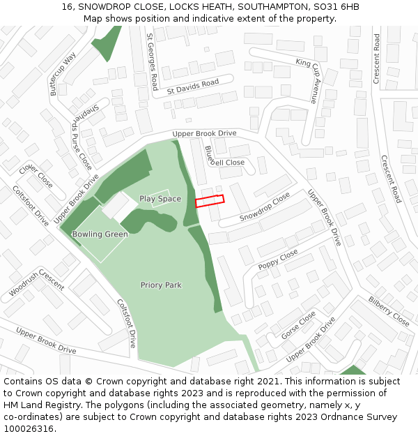 16, SNOWDROP CLOSE, LOCKS HEATH, SOUTHAMPTON, SO31 6HB: Location map and indicative extent of plot