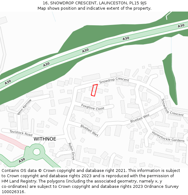 16, SNOWDROP CRESCENT, LAUNCESTON, PL15 9JS: Location map and indicative extent of plot