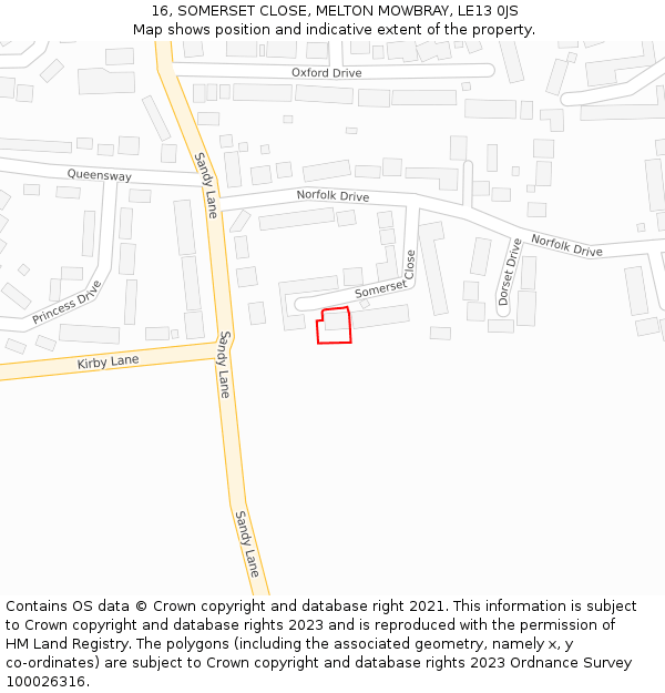 16, SOMERSET CLOSE, MELTON MOWBRAY, LE13 0JS: Location map and indicative extent of plot