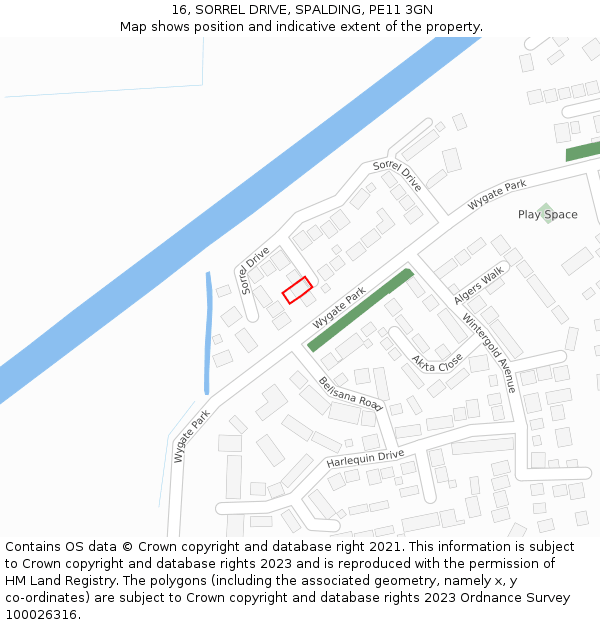 16, SORREL DRIVE, SPALDING, PE11 3GN: Location map and indicative extent of plot