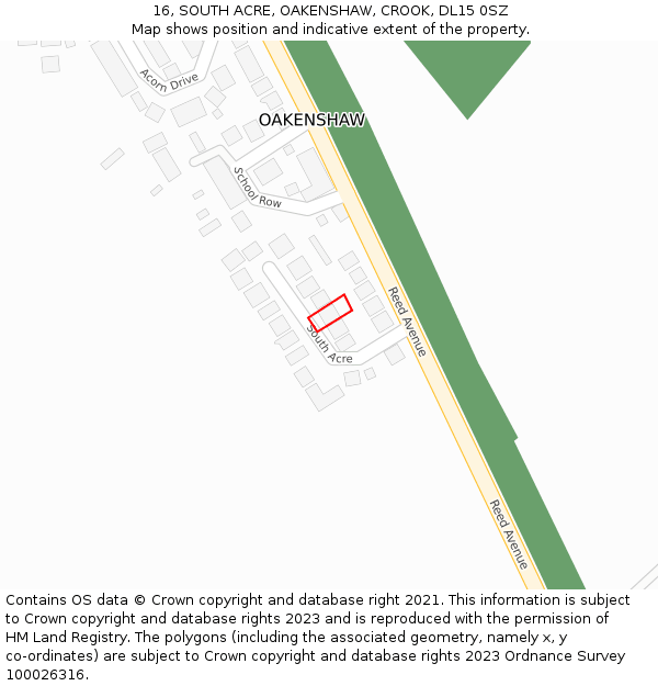 16, SOUTH ACRE, OAKENSHAW, CROOK, DL15 0SZ: Location map and indicative extent of plot