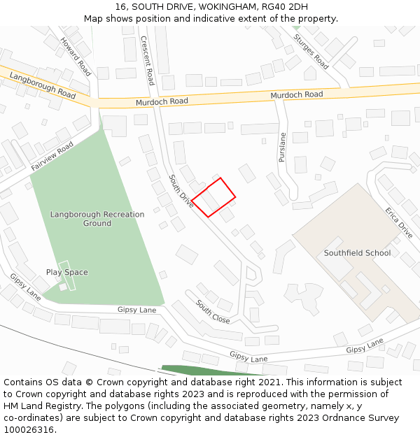 16, SOUTH DRIVE, WOKINGHAM, RG40 2DH: Location map and indicative extent of plot