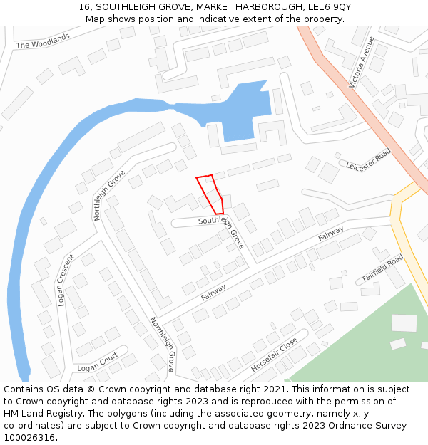 16, SOUTHLEIGH GROVE, MARKET HARBOROUGH, LE16 9QY: Location map and indicative extent of plot