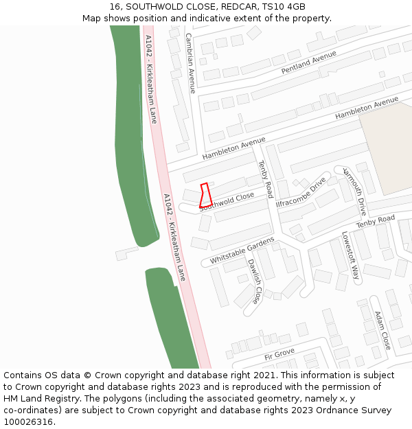 16, SOUTHWOLD CLOSE, REDCAR, TS10 4GB: Location map and indicative extent of plot