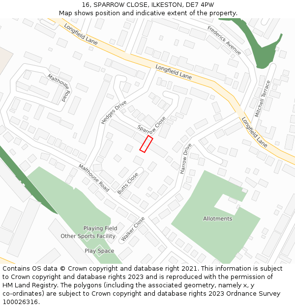 16, SPARROW CLOSE, ILKESTON, DE7 4PW: Location map and indicative extent of plot