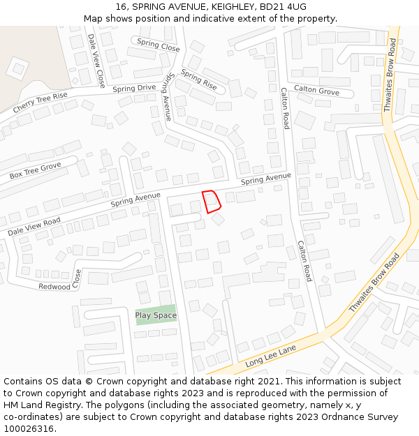 16, SPRING AVENUE, KEIGHLEY, BD21 4UG: Location map and indicative extent of plot