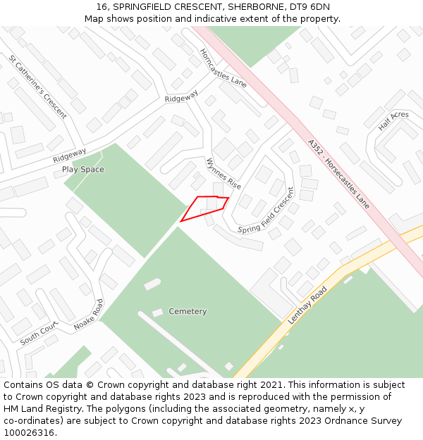 16, SPRINGFIELD CRESCENT, SHERBORNE, DT9 6DN: Location map and indicative extent of plot