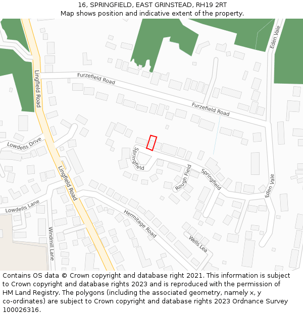 16, SPRINGFIELD, EAST GRINSTEAD, RH19 2RT: Location map and indicative extent of plot