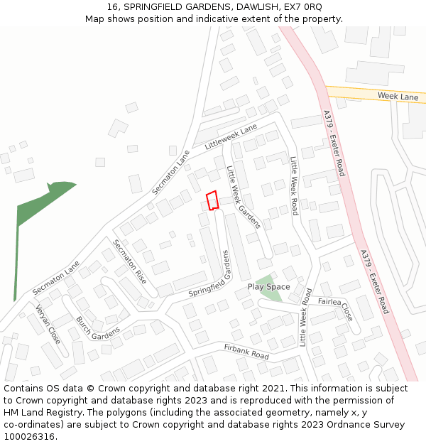 16, SPRINGFIELD GARDENS, DAWLISH, EX7 0RQ: Location map and indicative extent of plot