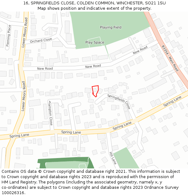 16, SPRINGFIELDS CLOSE, COLDEN COMMON, WINCHESTER, SO21 1SU: Location map and indicative extent of plot
