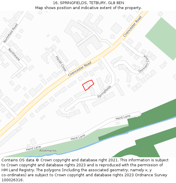 16, SPRINGFIELDS, TETBURY, GL8 8EN: Location map and indicative extent of plot